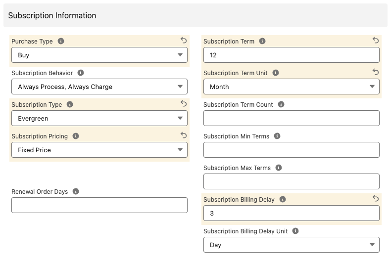 Subscription product settings