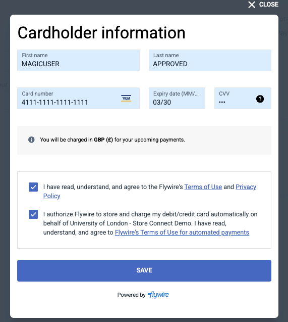 Flywire payment details window