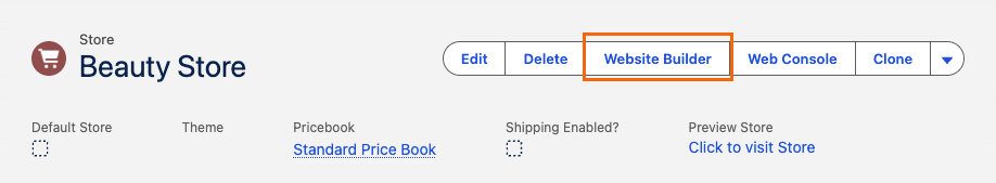 Website Builder button in store record