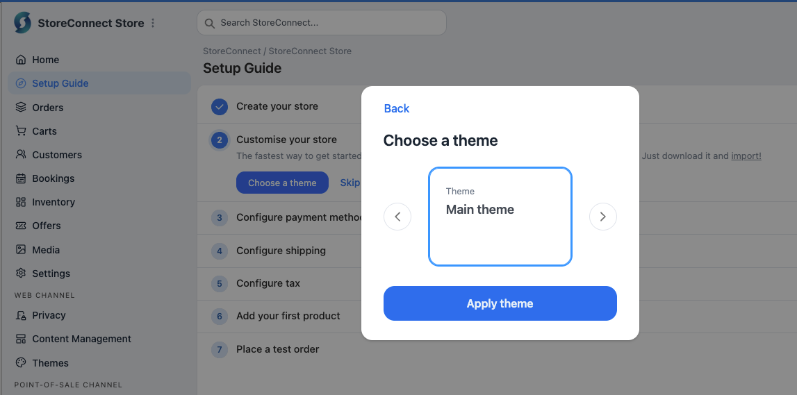 StoreConnect Console showing setup wizard and theme modal