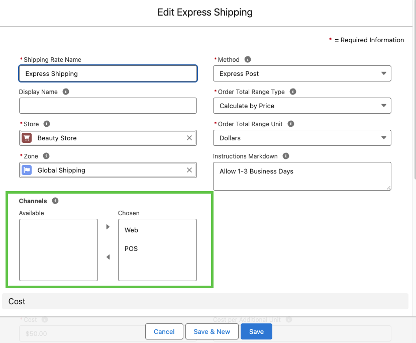 Example express shipping enabled for web and pos