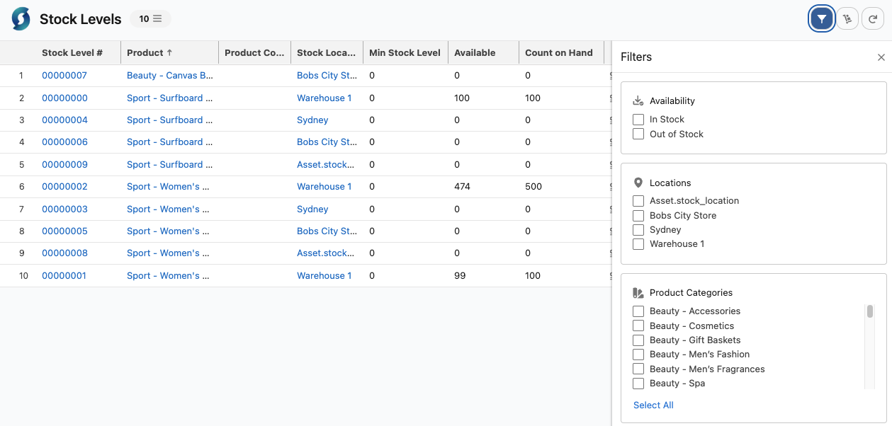 Stock list filter options