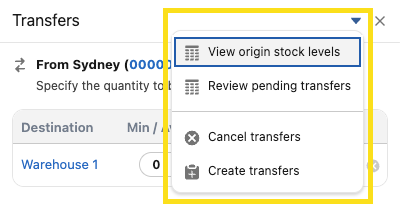 Stock level transfer overflow menu