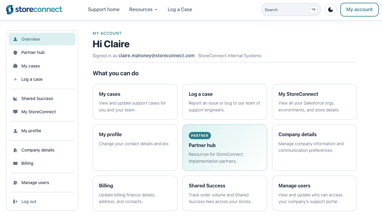 New account self-serve portal showing log a case function