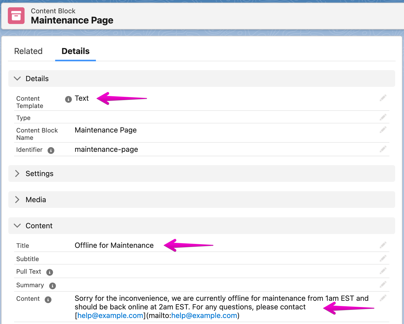 Text content block with Title and Content fields configured for a maintenance message