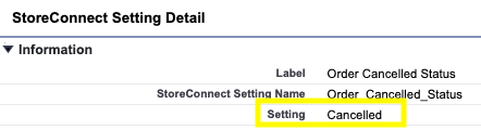 Custom Metadata Cancelled showing default Order Cancelled Status value