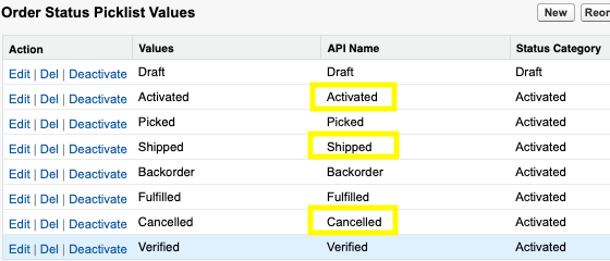 Custom Metadata Settings showing Order Status API values