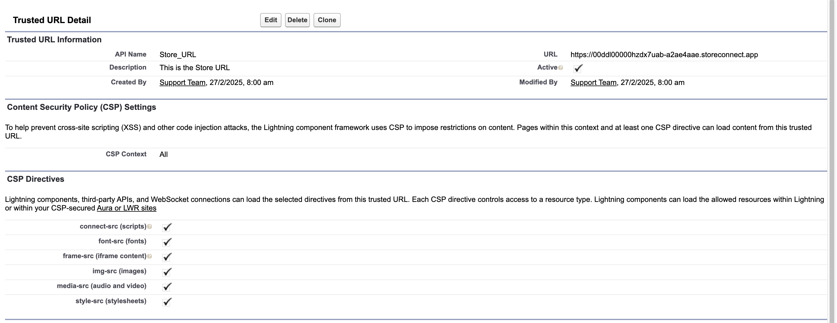 Salesforce CSP Trusted Sites form with site name, URL, and all CSP directives selected