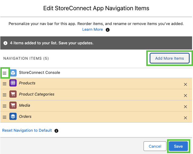 Shows the menu edit screen where you can re-order and add menu items