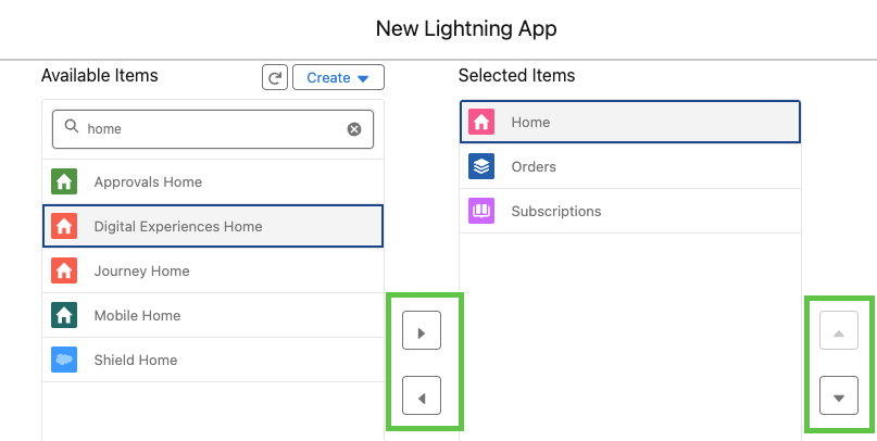 Navigation items list with up and down arrows for sorting order