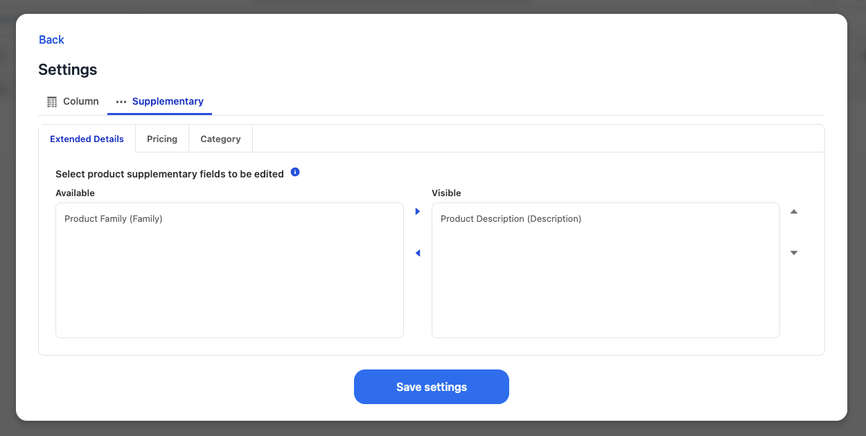 Data table settings panel with Product, Pricing, and Category supplementary fields selected