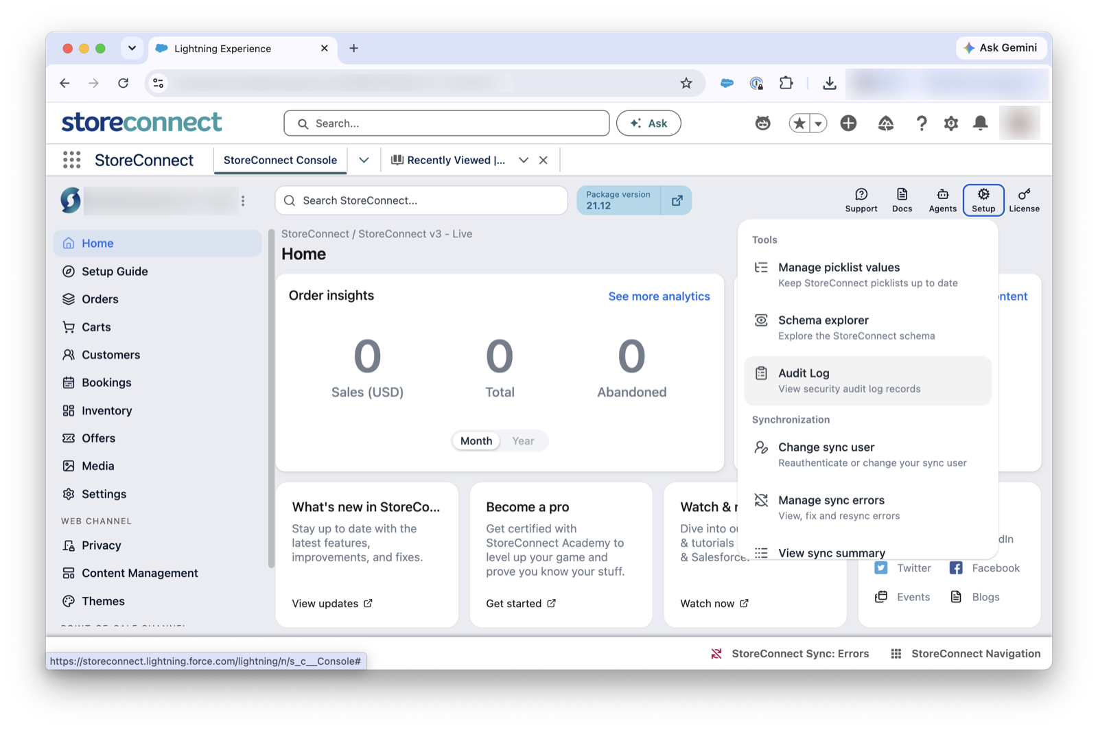 The Setup menu in the StoreConnect Console with Audit Log listed under Tools