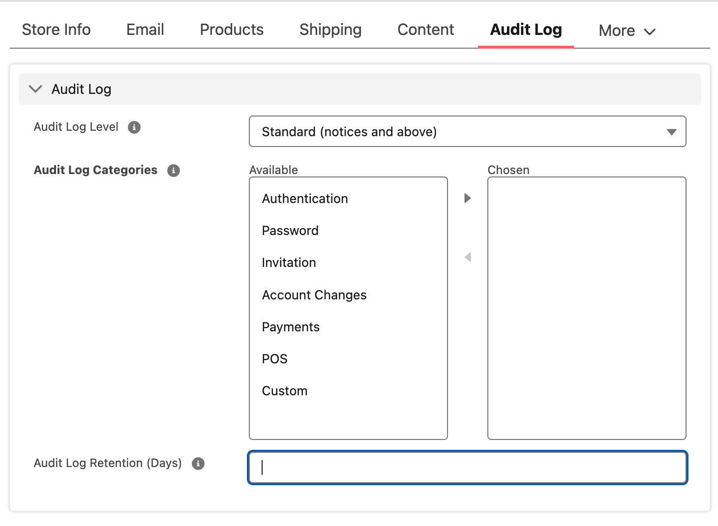 Audit log settings in the sotre record
