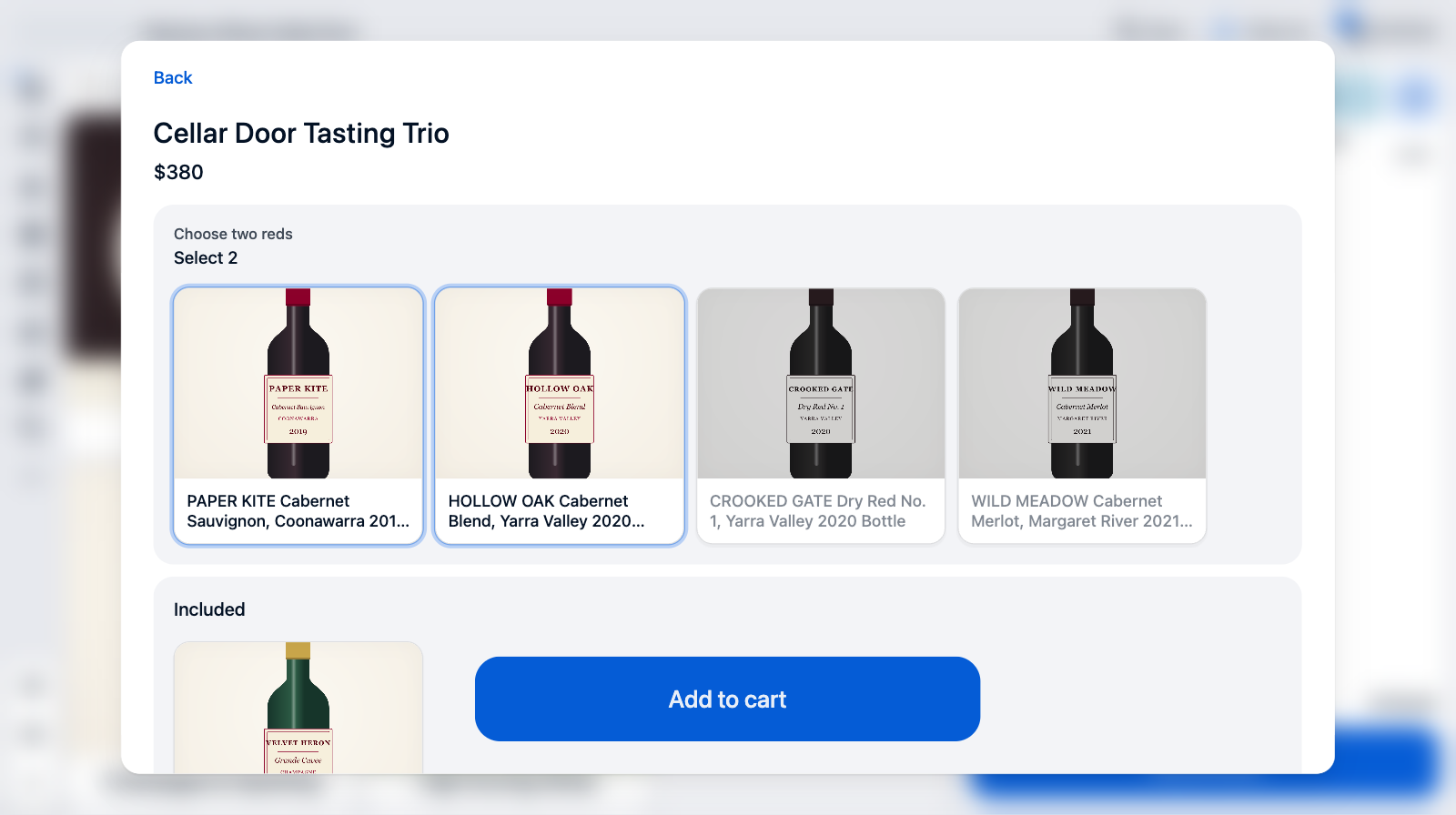 The bundle screen for the Cellar Door Tasting Trio at $380, with two reds selected in the Choose two reds group, the sparkling wine under Included, and the Add to cart button