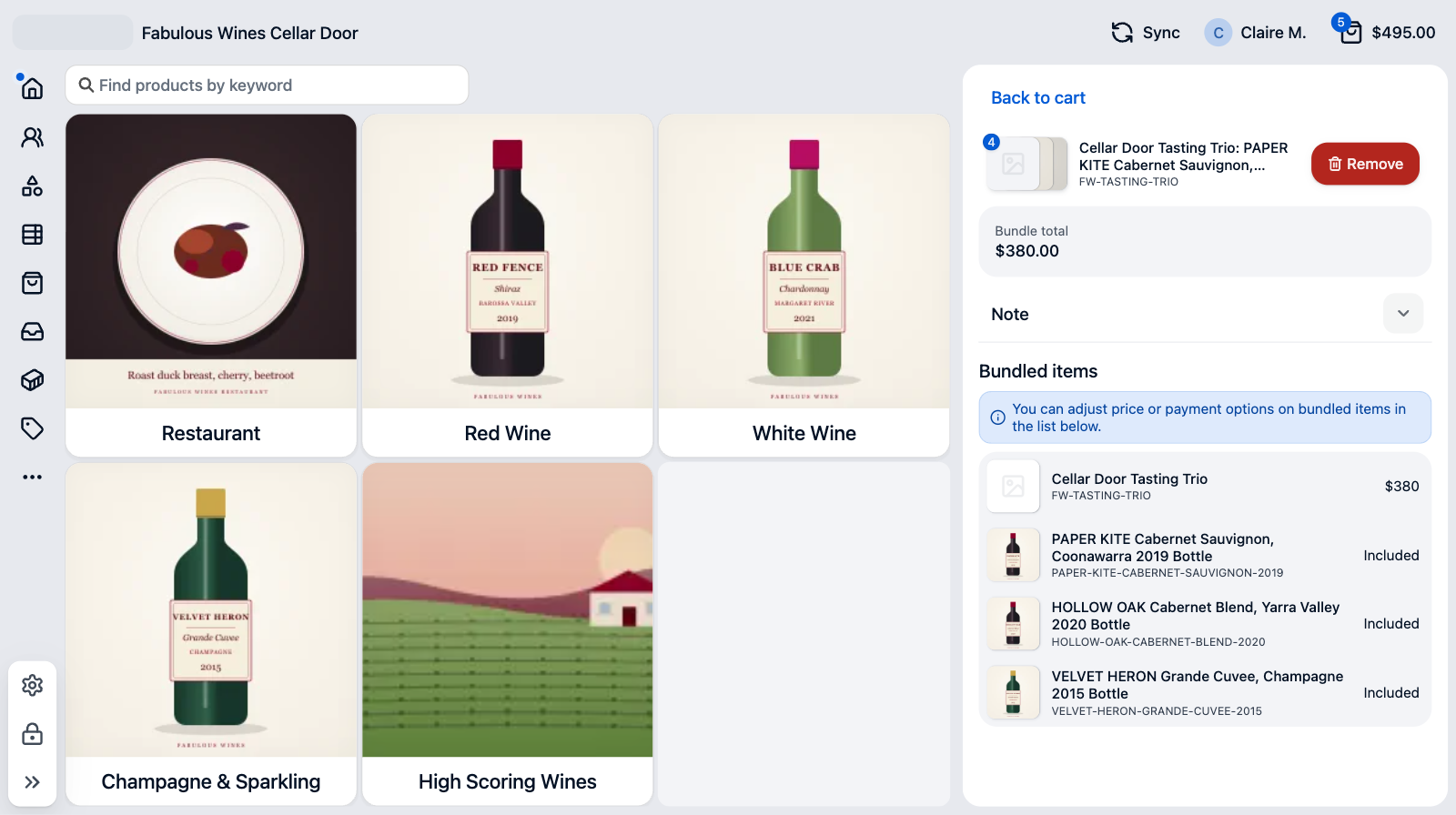 The bundle detail screen in the cart for the Cellar Door Tasting Trio, showing the Remove button, a Bundle total of $380.00, and the Bundled items list with the trio at $380 and three bottles marked Included
