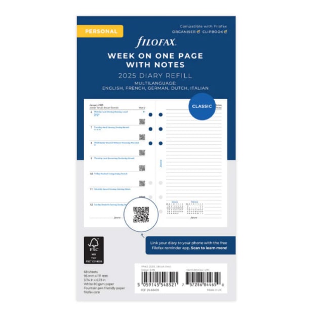 Filofax 2025 Personal Refill Week to View w/nts 5 Languge FSC