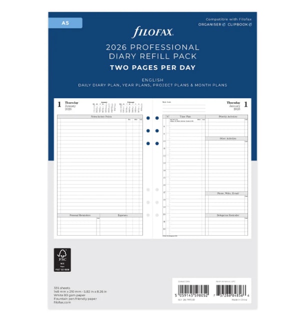 Filofax 2026 A5 Refill WTV Vert w/ap 5 Lang FSC