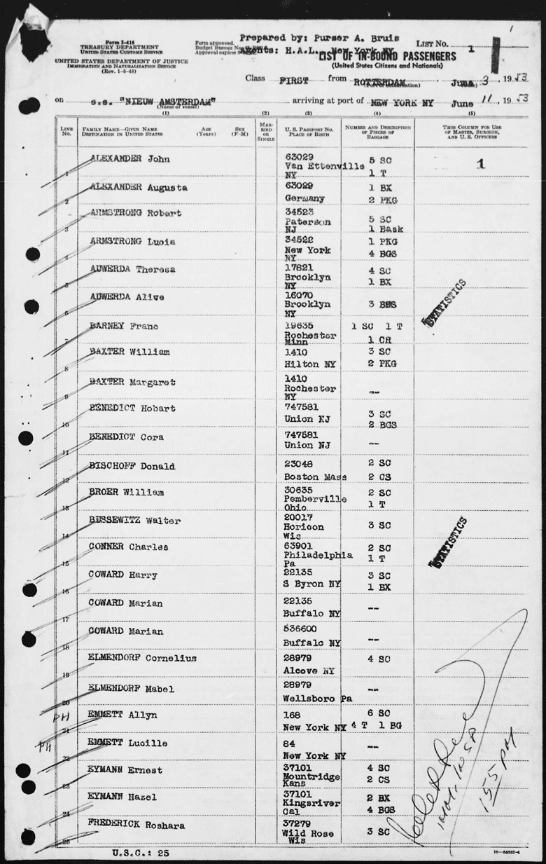 A ship passenger arrival record from the 1950s