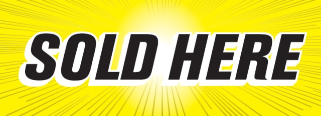 Small Sold Here Sticker. 7" x 2.5"