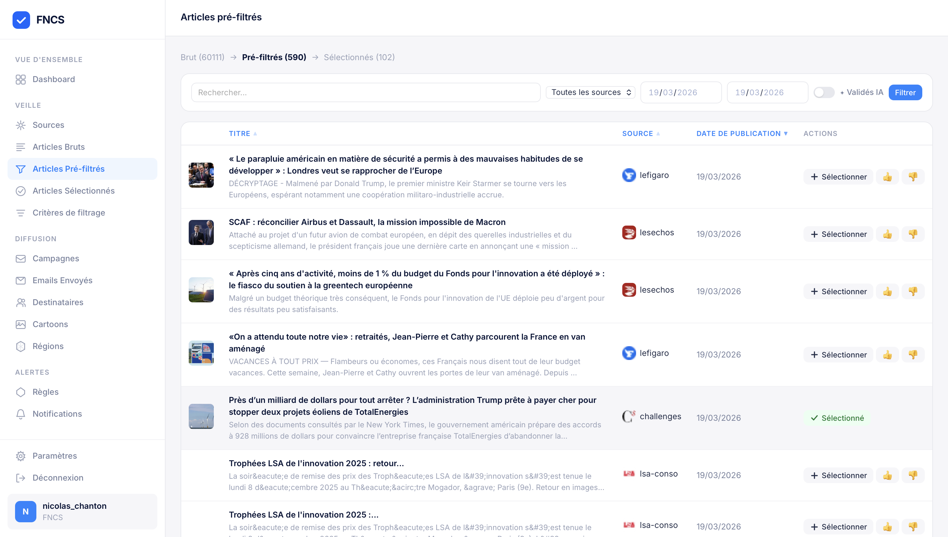 Articles pré-filtrés — Sélection automatique par l'IA