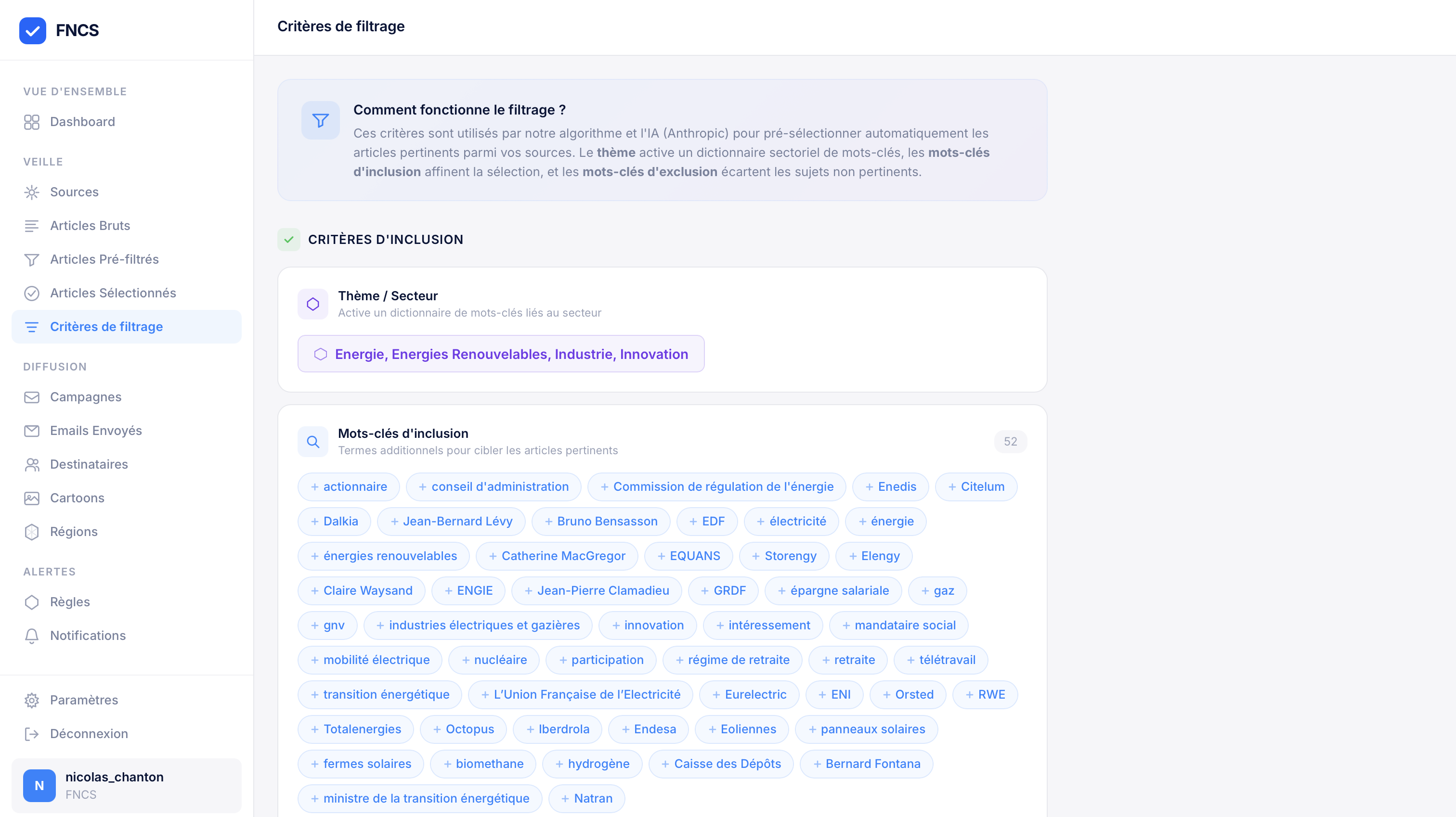 Critères de filtrage — Mots-clés et thèmes personnalisés