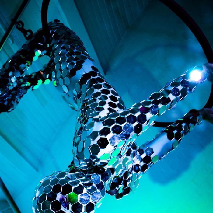 Human Disco Ball / Mirror Suit Aerial Show por Lady Lee