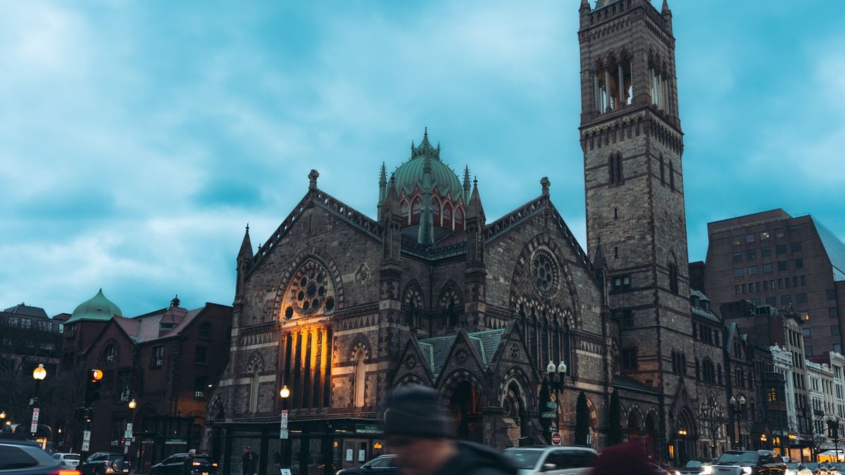 Top 20 Tech Areas in Northeastern U.S. View of the iconic Old South Church with traffic at twilight in Boston, Massachusetts.
