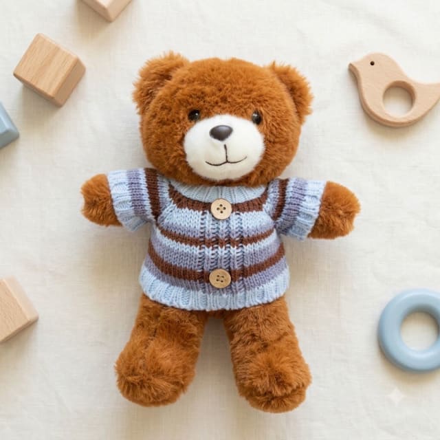 Cute Brown Teddy Bear Soft Toy with Knitted Striped Sweater