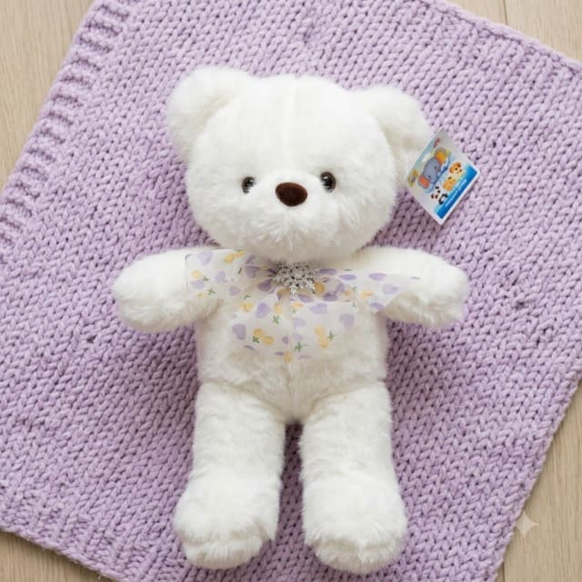 White frost Teddy Bear with Floral Bow – Soft Plush Toy