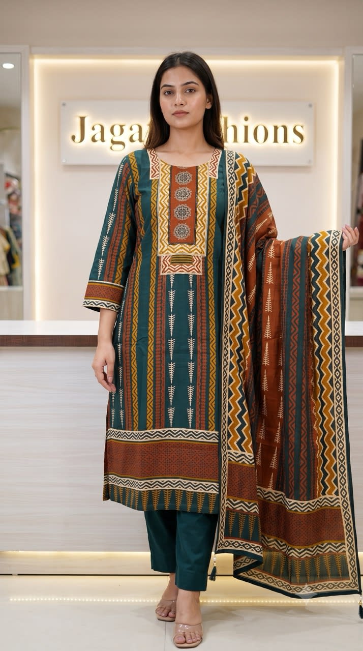 Emerald Green & Rust Geometric Block-Print Suit Set