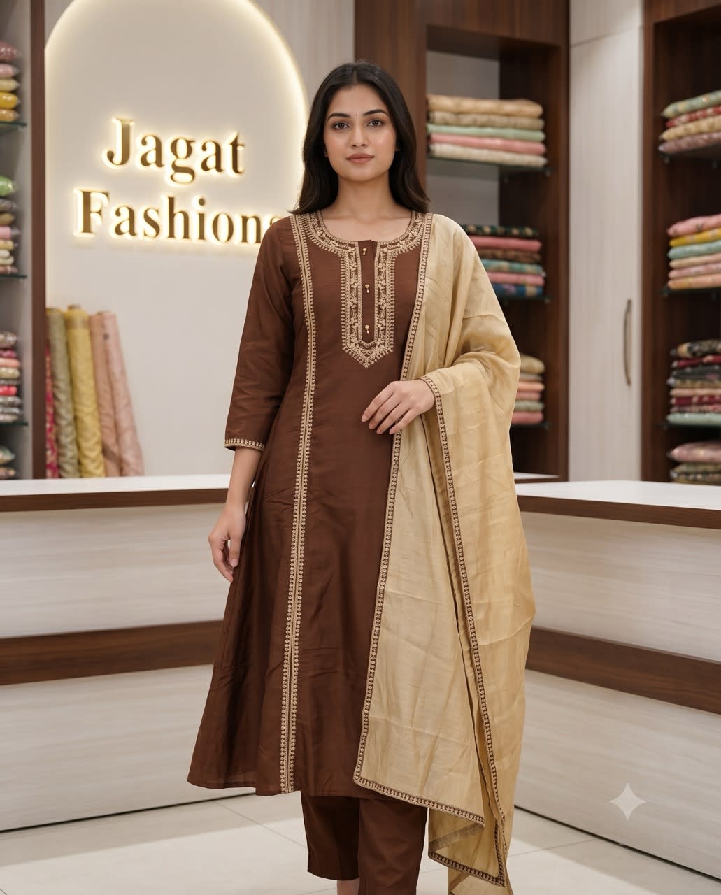 Coffee Brown Embroidered A-Line Anarkali Suit Set with Gold Tissue Dupatta