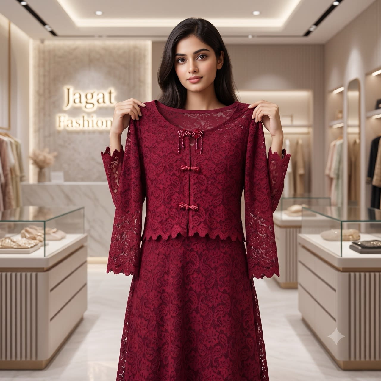 Wine Red and Black Self-Embroidered Lace Gown