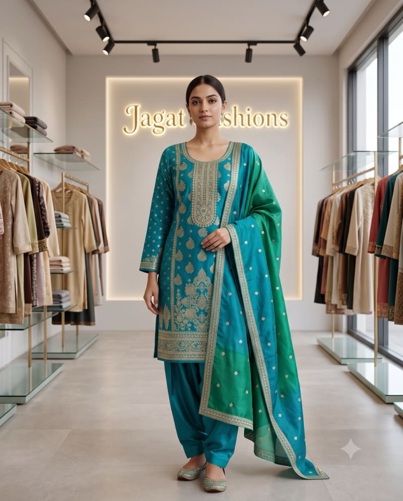 Teal Blue Embroidered Silk farshi Salwar Suit Set with Dupatta