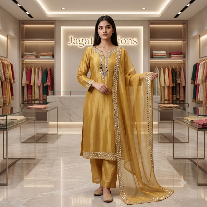 Mustard Gold Tissue Silk Mirror Work Kurta Set with Dupatta