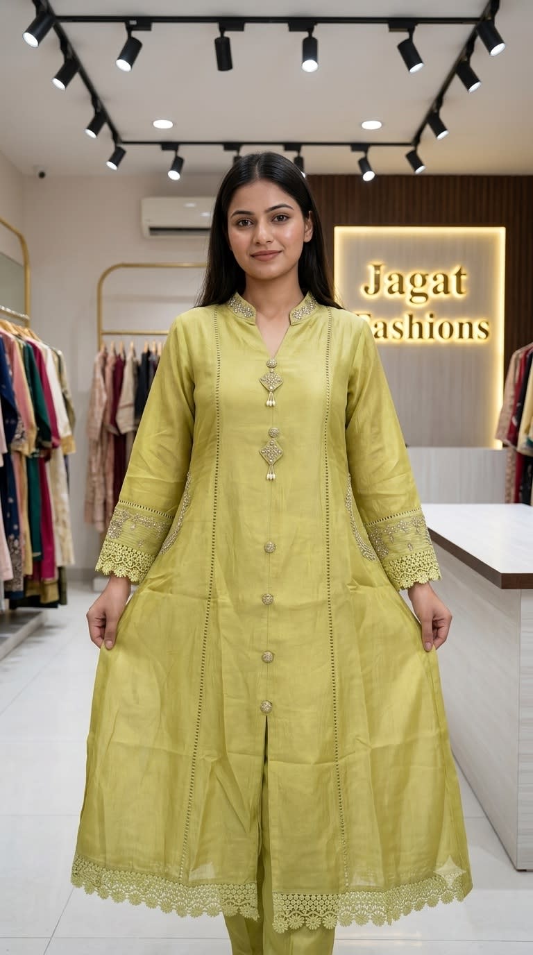Lime Green Organza Silk A-Line Kurta Set