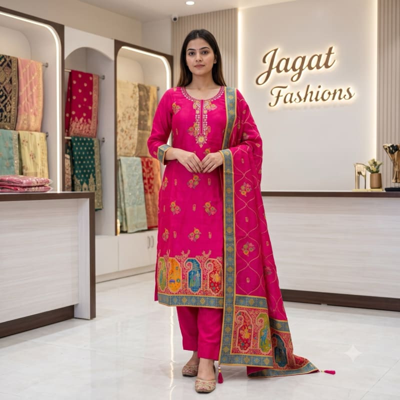 Rani Pink Silk Suit Set with Kalamkari-Style Damini Border & Dupatta