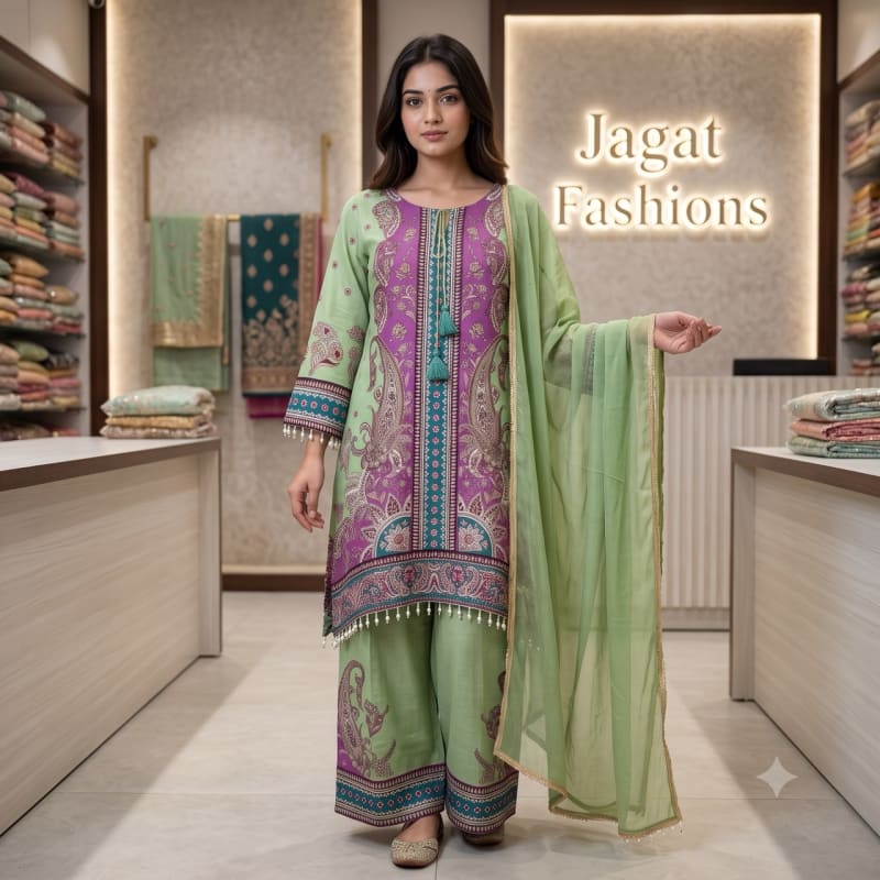 Sage & Plum Printed Kurta-Palazzo Set with Chiffon Dupatta