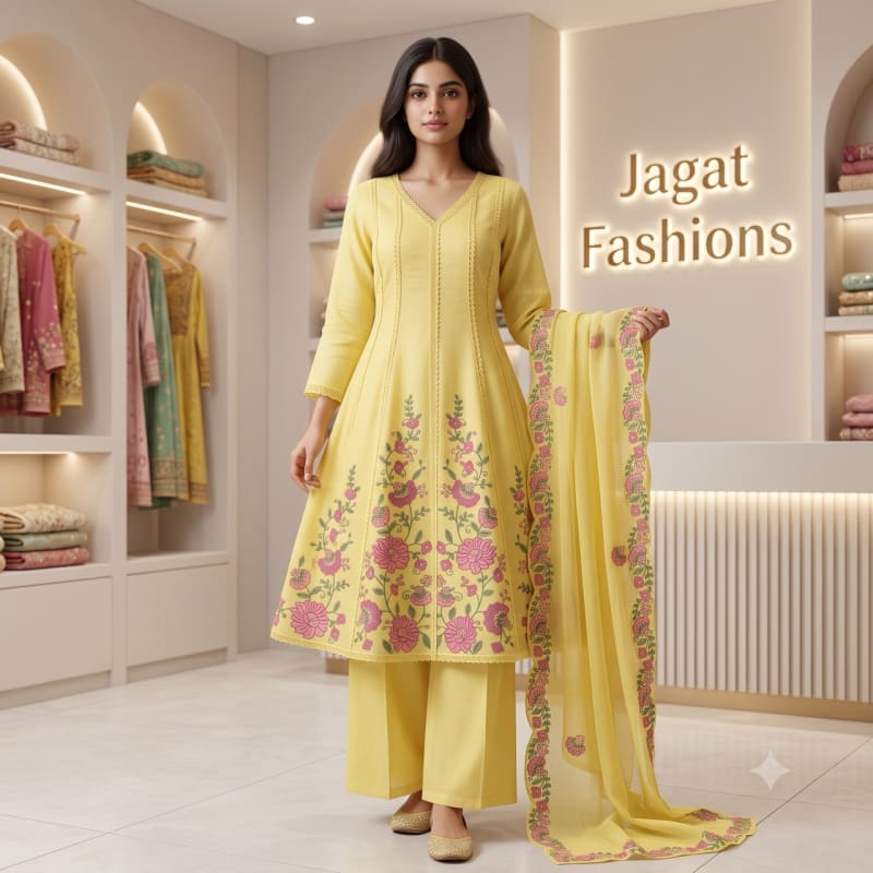Lemon Yellow Kali-Cut A-Line Anarkali Suit Set with Floral Thread Embroidery
