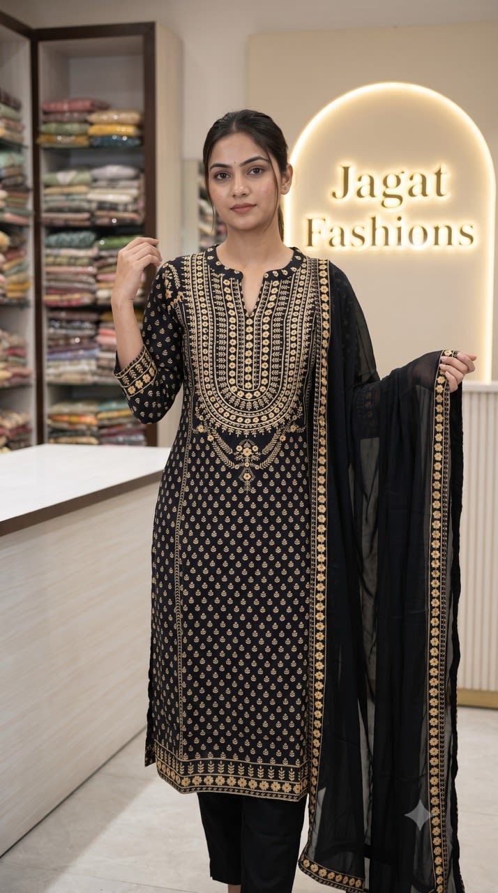Midnight Black Chanderi Silk Suit Set with Gold Zari & Mirror Embroidery