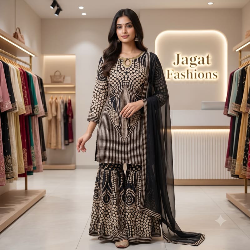 Black & Gold Bandhani-Inspired Print Sharara Suit Set with Embellished Keyhole Neckline
