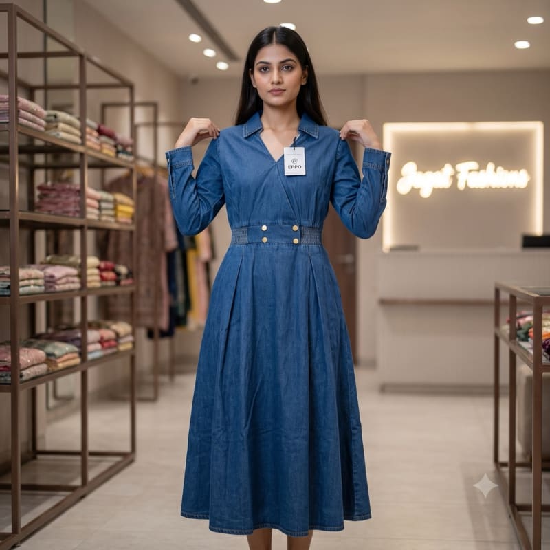 Classic Blue Denim Pleated Midi Shirt Dress with Cinched Waist