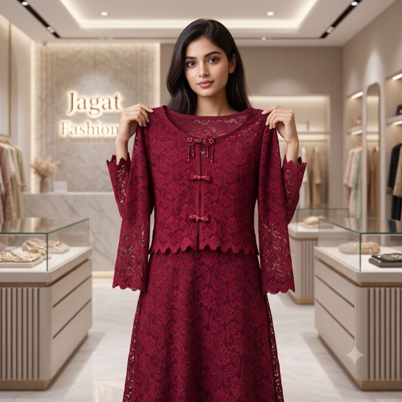 Wine Red and Black Self-Embroidered Lace Gown