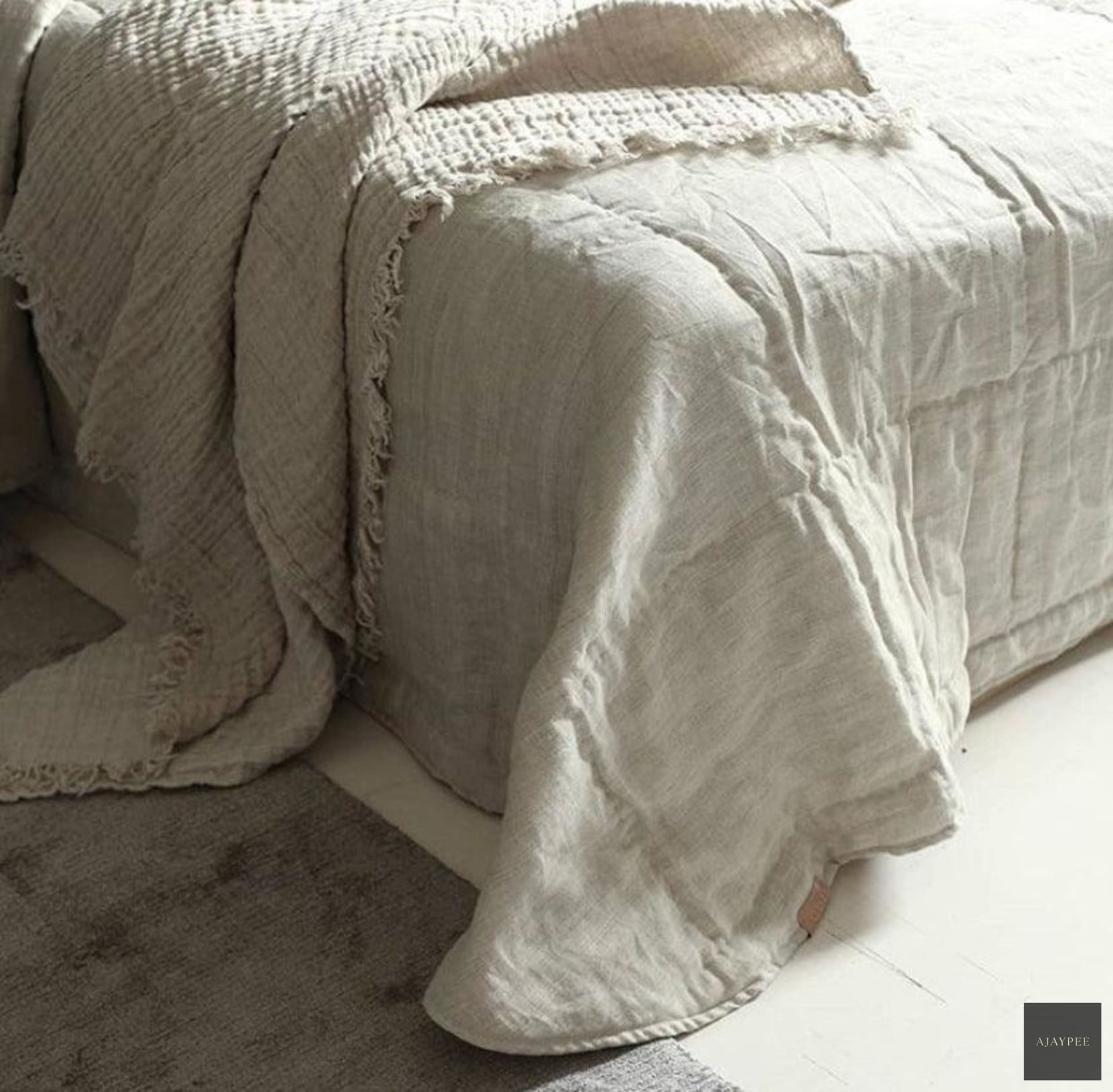 Natural Linen Bedspread - Cotton - Hand Woven - Ajaypee Carpets (Thumbnail 5)