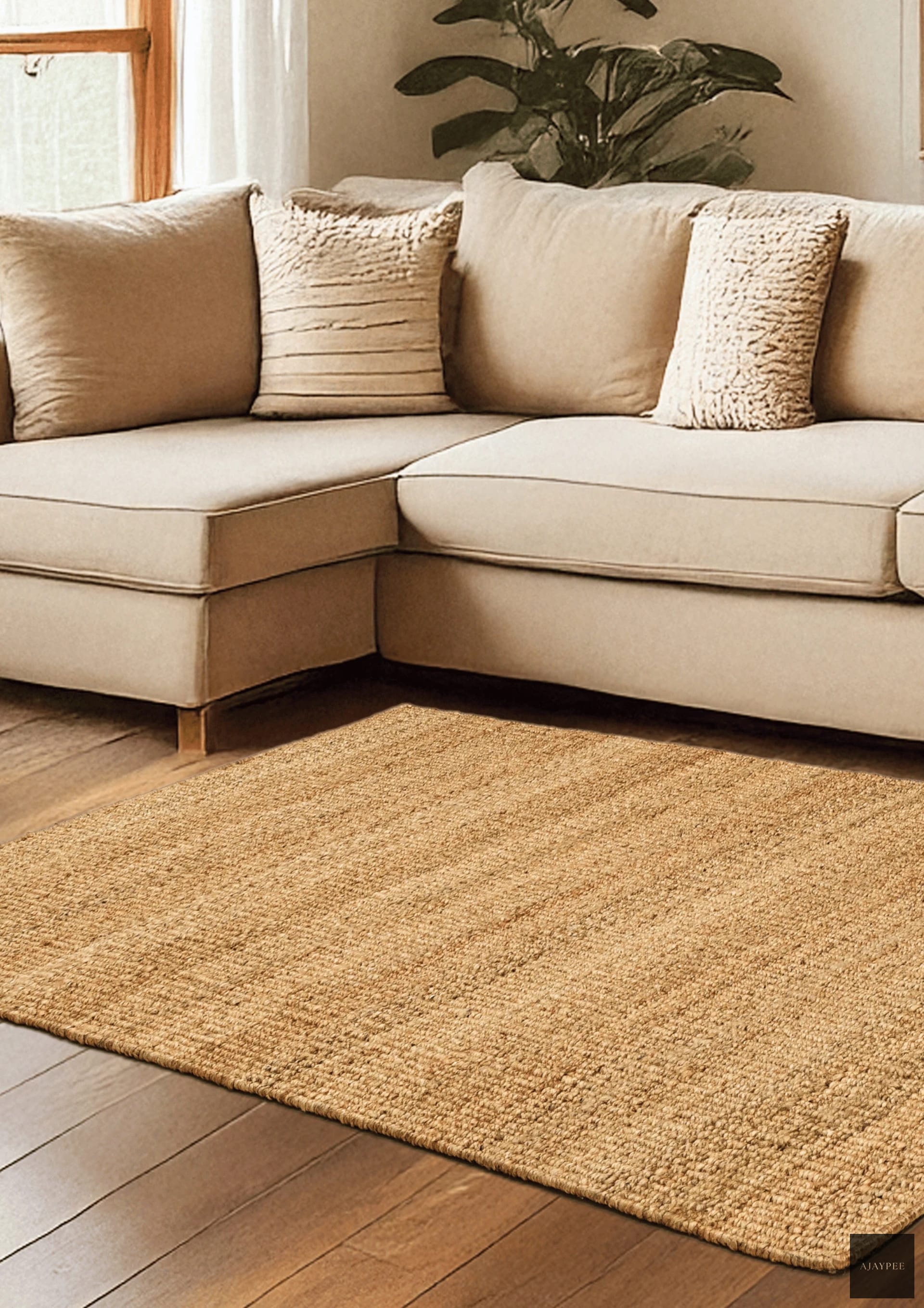 Hemp Handwoven Rug _ Plain Natural - Jute - Hand Woven - Ajaypee Carpets (Thumbnail 3)