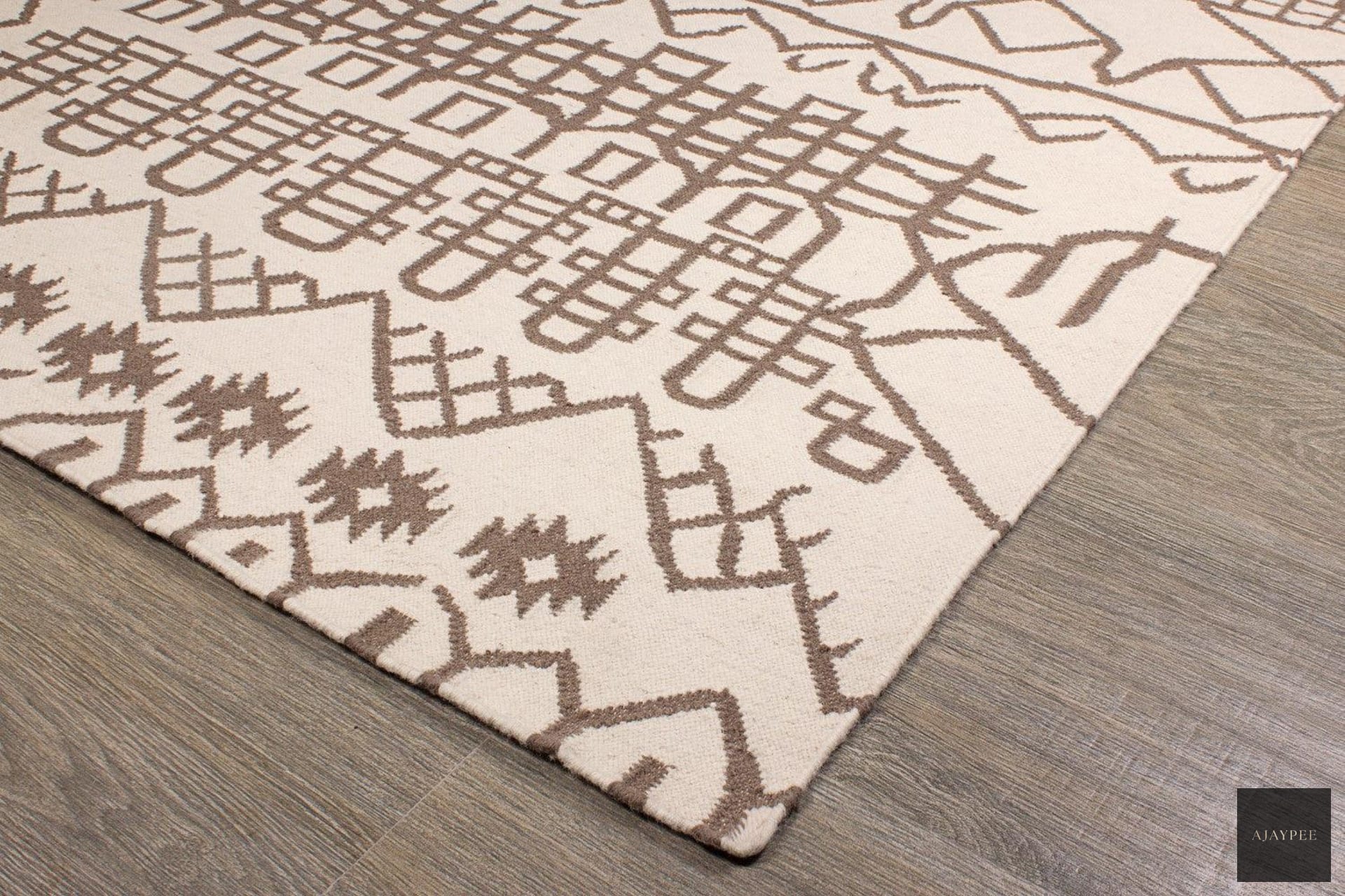Wool Handwoven Dhurry-Beiuf - Cotton - Flatweave - Ajaypee Carpets (Thumbnail 4)