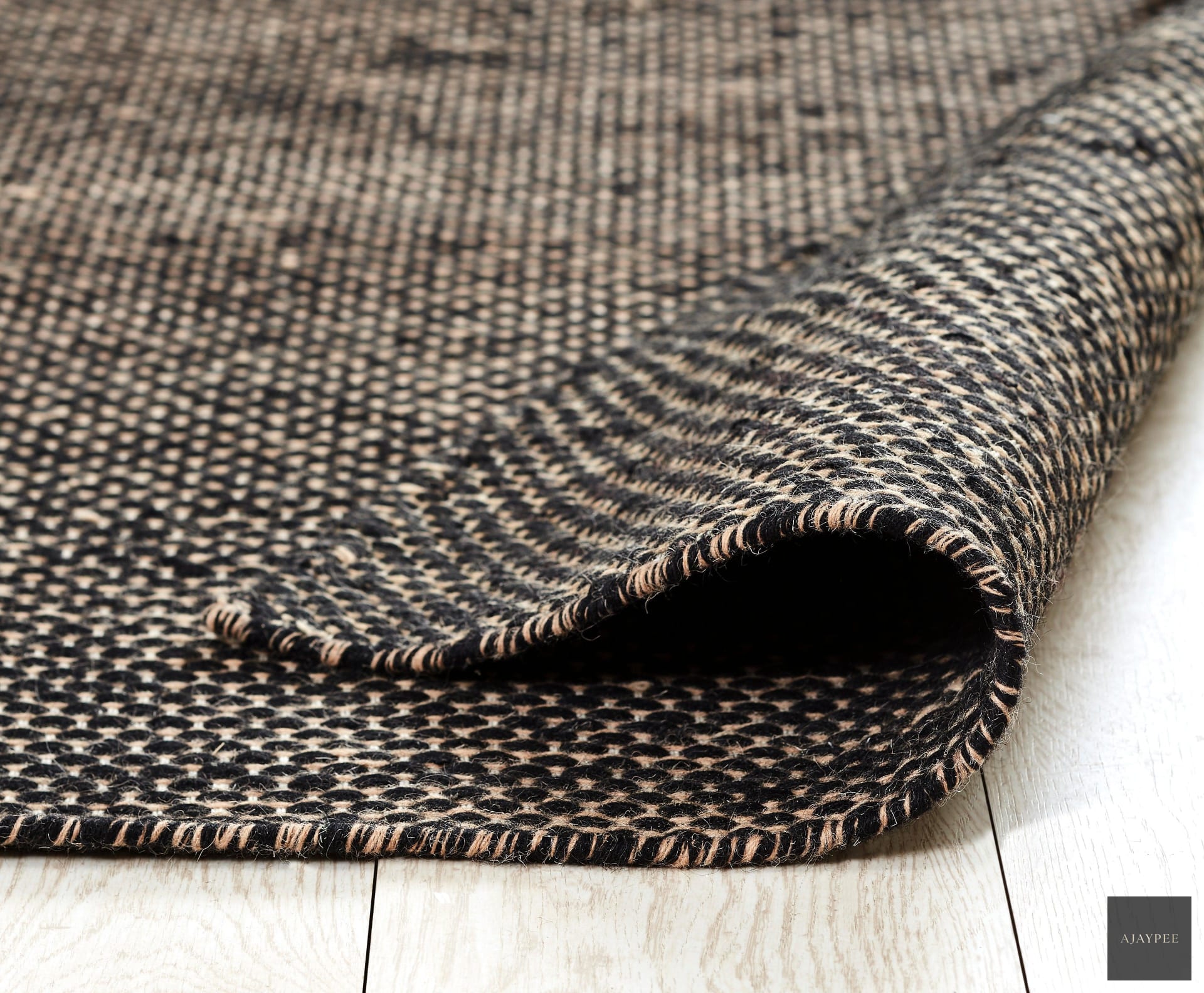 Woolen Handwoven Dhurry _Gage Black - Cotton - Flatweave - Ajaypee Carpets (Detail)