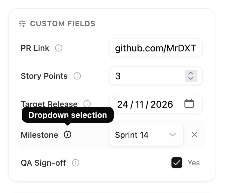 Custom Fields Engine supporting typed values across text, number, date, select, and checkbox fields