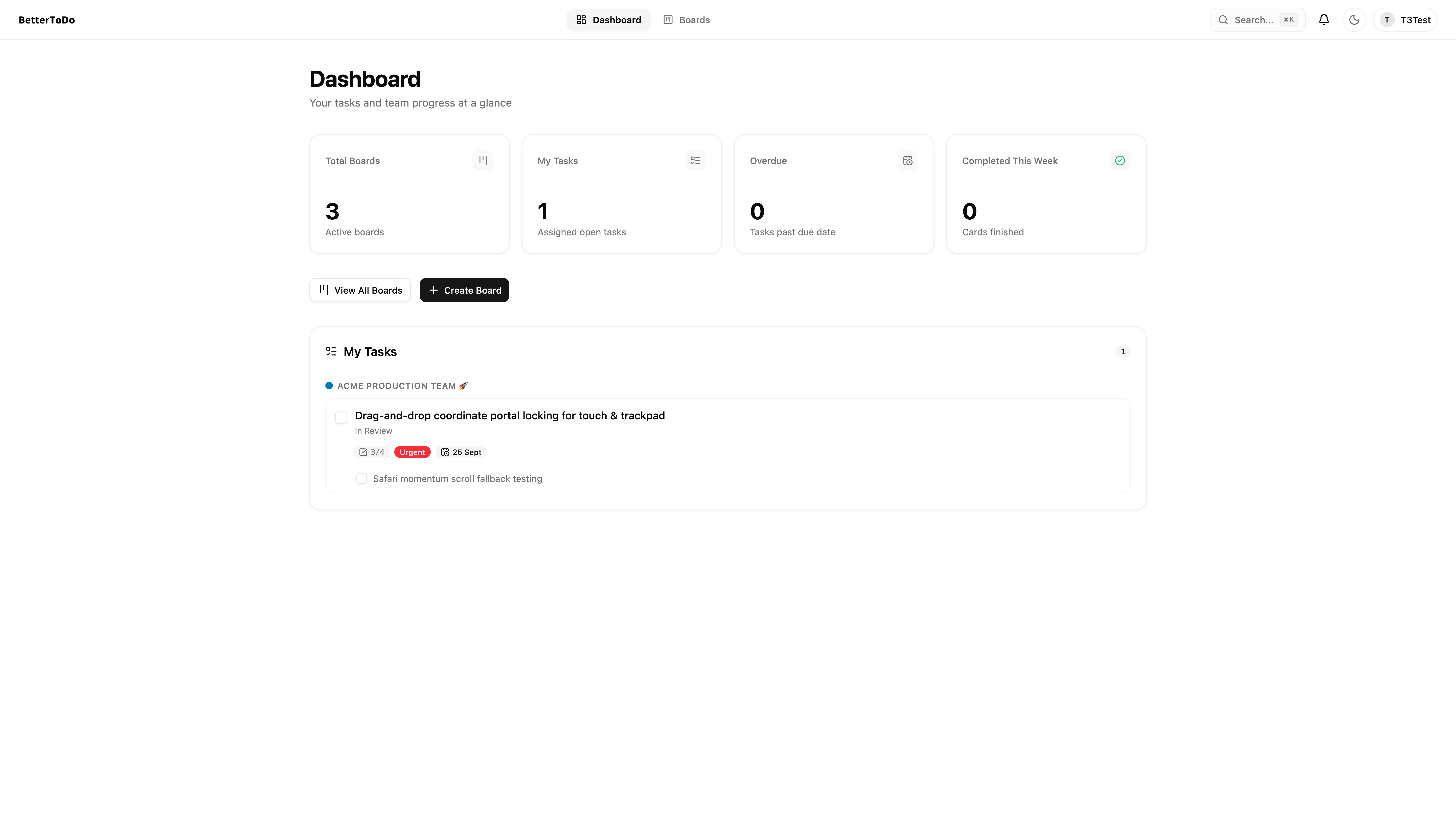 Unified Personal Dashboard displaying workspace statistics, active task breakdown, and cross-project assignments