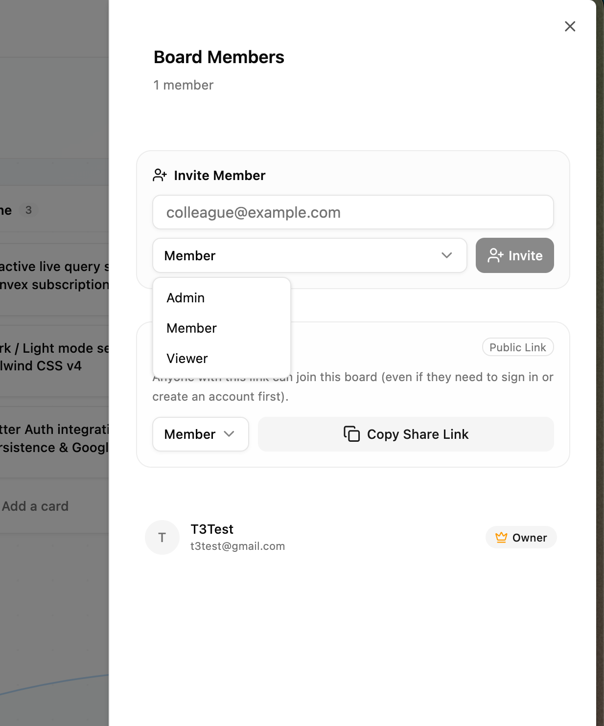 Board Sharing modal with role-based invite links and direct email invitations