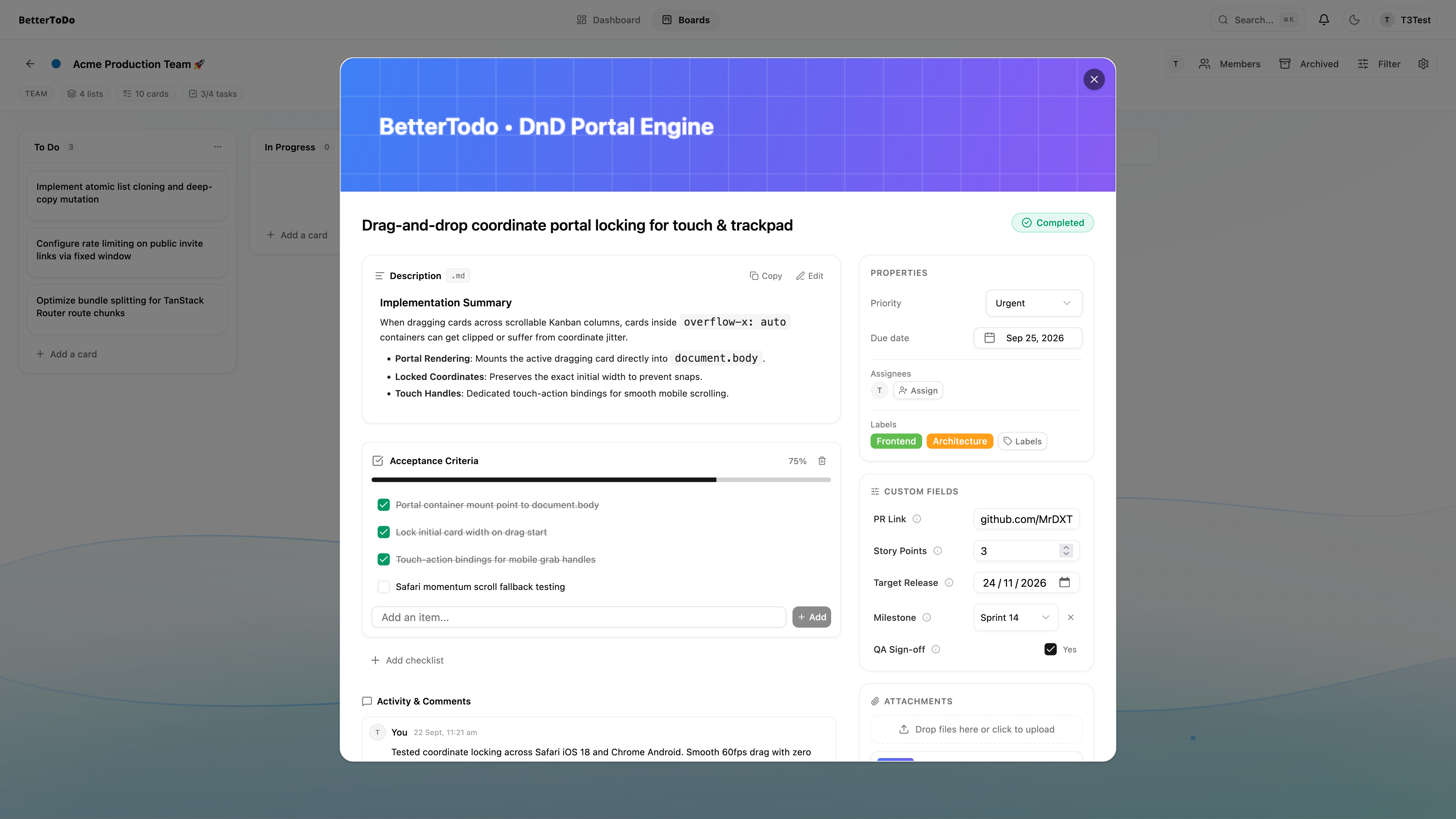 The 2-Column Card Inspector with edge-to-edge cover, rich markdown body, interactive subtasks, and 270px metadata sidebar